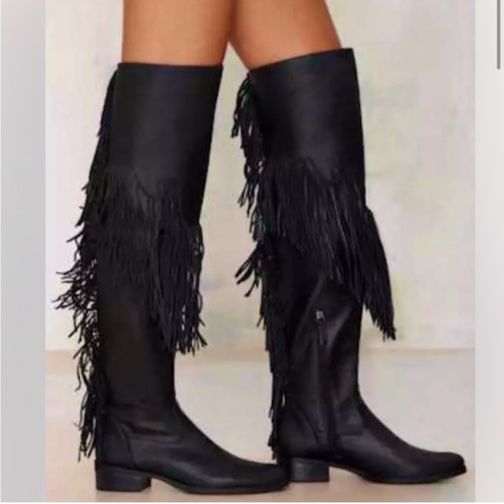 BLACK LEATHER SCHUTZ FRINGE OVER THE KNEE BOOTS